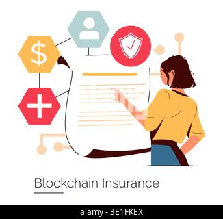 Vector illustration of a woman interacting with a digital blockchain insurance document. The image includes icons representing financial security, health, and user information. Stock Vector
