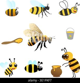 Seven icons of different bees from cartoon to realistic style. Vector illustration of bees on transparent background for insertion in banner and label Stock Vector