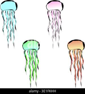 Several multi-colored jellyfish in a cartoon style with outlining the edges. different colors with gradient and transparent background. Vector illustr Stock Vector
