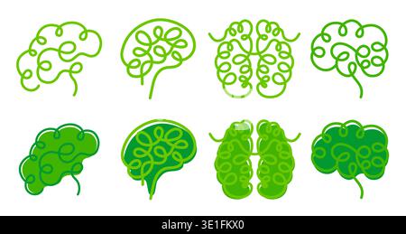 line brain logo design in green colors. Hand drawn minimalism style. Mental Health Awareness day and month. Stock Vector