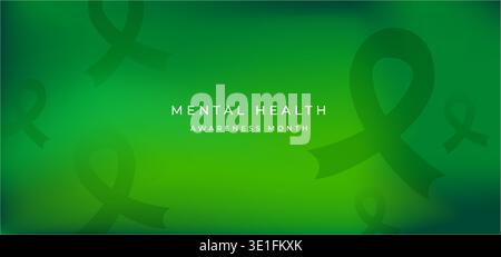 Mental Health Awareness Concept. Self Care, Positive Thinking, Happy and Optimistic Mind. a Green Ribbon lay on Green background. Table top view Stock Vector