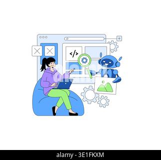 Vector illustration of a woman using a laptop, sitting with a robot as they work on web design. The scene features coding elements and visual editing tools, symbolizing modern tech collaboration. Stock Vector