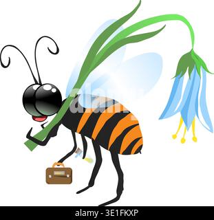 A cute bee with a suitcase in her hands and a large blue flower threw a bell over her shoulder. Vector illustration A traveling bee with a suitcase an Stock Vector