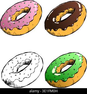 different donuts with pink and chocolate icing on top and some colored sprinkles. Vector illustration fried round multi-colored donuts with strokes ar Stock Vector