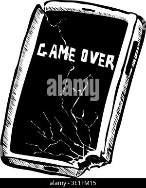 Monochrome sticker is a broken smartphone with the inscription game over. Vector illustration on the display cracks and the corner of the smartphone i Stock Vector