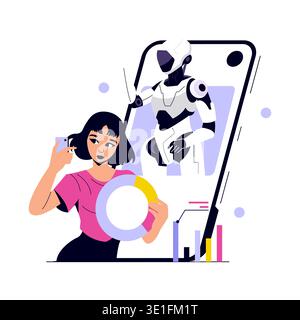 Vector illustration of a woman analyzing data alongside a robot assistant. She holds a chart in one hand while interacting with digital elements, conveying teamwork and innovation. Stock Vector
