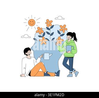 Vector illustration of two happy people caring for a large plant with watering cans under a smiling sun. Orange flowers bloom as they engage in joyful gardening activities. Stock Vector