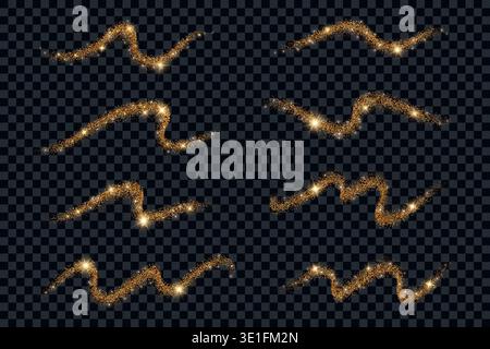 Golden glitter waves on dark background. Swirl wavy lines with shiny powder texture and pattern of glowing sequins. Flow of shimmer and sparkles Stock Vector