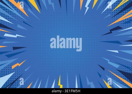 Blue comic background. Pop art comic thunder lightning banner. Superhero sunburst halftone design. Stock Vector