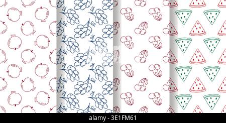Hand drawn set of seamless patterns with berries and fruits. White background with silhouettes of grapes, cherries, watermelon and pomegranate Stock Vector