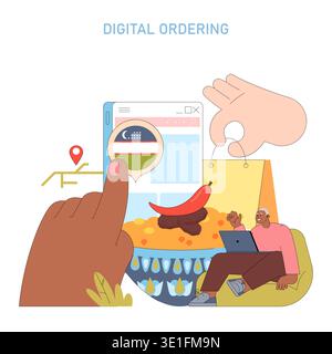 Vector illustration depicting digital food ordering. A person interacts with a digital interface, selecting food items. Another person appears relaxed, using a laptop while receiving the order. Stock Vector