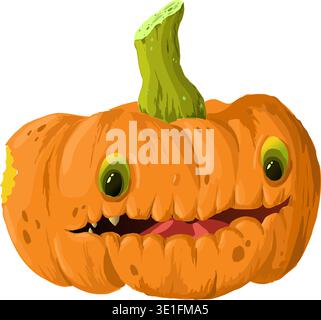 A beautiful scary pumpkin for Halloween with eyes and a half-open toothy mouth. Vector illustration An orange pumpkin with cute but frightening eyes. Stock Vector