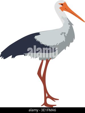 Common white crane with a long orange beak and black wings. Vector illustration A large bird with long legs and a huge beak. Stock Vector