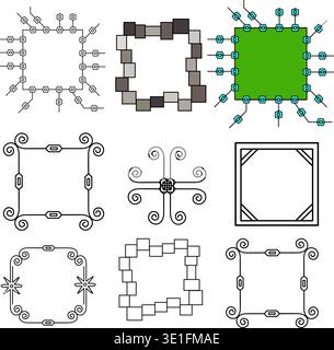 A set of frames and borders for framing images and text. Vector illustration square frames in different styles from floral to cyber technical in the f Stock Vector
