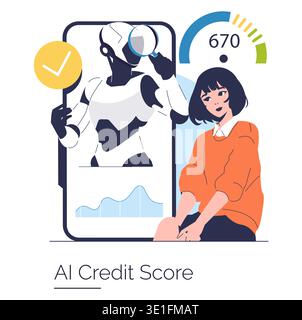Vector illustration of AI credit score analysis featuring a robot examining data, a person observing the process, and a credit score gauge. Depicts technology in financial evaluation. Stock Vector