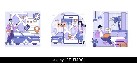 Vector illustration showing people using a smartphone for car ride booking and travel planning, highlighting map navigation, location pins, and digital communication for efficient coordination. Stock Vector