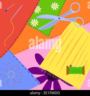 an abstract background made of patches of fabric embroidery and other attributes of needlework sewing and embroidery. warm colors of fabric cuts and s Stock Vector