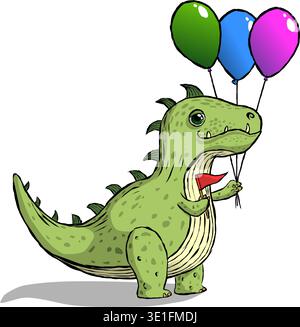 cute green dinosaur with balloons and a flag for congratulations. Vector illustration funny cartoon dino Stock Vector