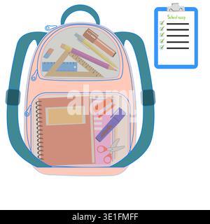 school bag briefcase backpack filled with books, notebooks and other paper media for school education. Vector illustration school supplies and textboo Stock Vector
