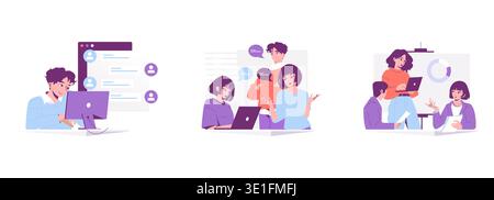 Vector illustration depicting business communication and teamwork. Includes individuals engaging in digital correspondence, collaborative discussions, and presentations. Ideal for concepts of cooperation and interaction. Stock Vector