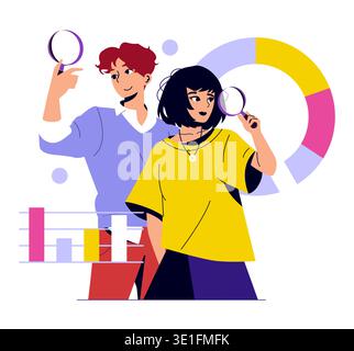 Vector illustration of two people using magnifying glasses to analyze data. The image features colorful charts and graphs, symbolizing a collaborative approach to data analysis. Stock Vector