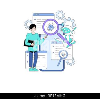 Vector illustration of a developer and a robot collaborating to detect bugs on digital screens. The developer points at magnified bugs with a magnifier, showing teamwork in software testing. Stock Vector