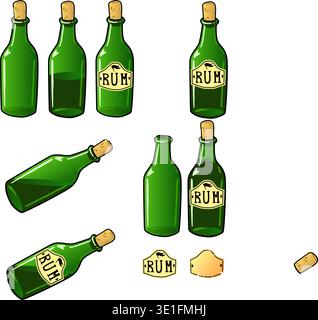 the bottles are green empty with wine and rum. bottles are open and corked with a cork. On the label there is an inscription rum and wine. standing an Stock Vector