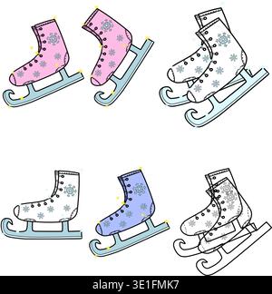 skates for skating on ice with a curved nose on a transparent background. Cartoon style with stroke and glitter and shimmer effect to give the effect Stock Vector