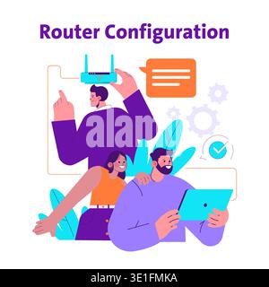 Vector illustration showing people configuring a router. A person holds a tablet and another points at a router. Symbols for connectivity and communication are included. Stock Vector