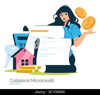 Vector illustration shows a woman evaluating collateral microcredit options. Includes symbolic elements like house keys, documents, and coins. Ideal for financial and economic concepts. Stock Vector