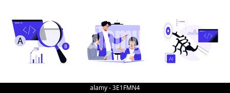 Vector illustration depicting teamwork in a code review session with people analyzing code, sharing ideas, and discussing solutions. Includes charts and technical elements for context. Stock Vector