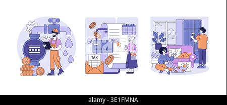 Vector illustration depicting financial management with a person evaluating payments and taxes, alongside home improvement tasks at a residence. Elements of technology, finance, and daily life are highlighted. Stock Vector