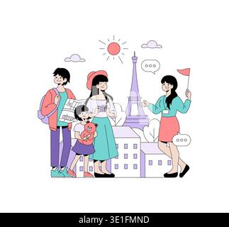 Family visiting Paris guided by a tour leader, excitedly exploring attractions like the Eiffel Tower. The vector illustration captures joyful moments as they enjoy sightseeing together. Stock Vector