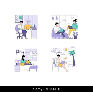 Vector illustration depicting various remote workspaces. Individuals are working on laptops in diverse settings, including a beach, an office, at home, and in a casual lounge area. Stock Vector