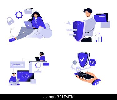 Vector illustration showcasing cybersecurity professionals engaged in cloud computing, coding, and mobile security. Features digital shield, coding environments, and secure mobile connectivity. Stock Vector