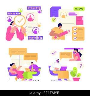 Vector illustration depicting a recruitment process featuring interview scenes, resume reviews, and candidate evaluations. The image captures the essence of hiring and communication. Stock Vector