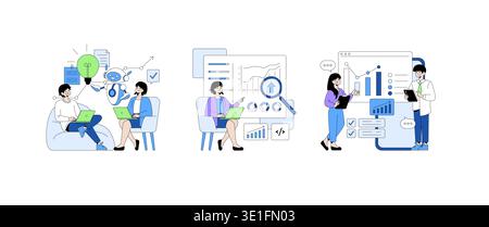Vector illustration depicting a team collaborating in data analysis and business strategy development. Characters are engaged with graphs, charts, and digital interfaces to boost productivity. Stock Vector