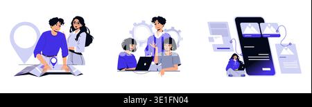 Vector illustration highlighting team collaboration, app development, and digital strategy. Depicts teamwork in planning, coding, and user interface design with dynamic interactions. Stock Vector