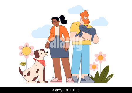 Happy group illustration with a dog and cat. People enjoying time in a garden, one holding a cat while the other smiles at a dog wearing a scarf. Flowers add a cheerful touch. Stock Vector