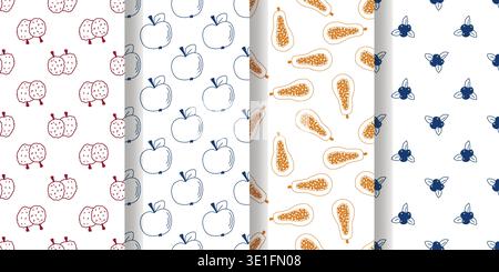 Set of seamless patterns with freehand berries and fruits. Hand drawn silhouettes of lychee, apple, blueberry and papaya on white background. Healthy Stock Vector