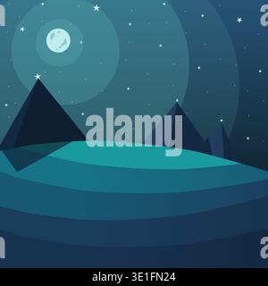 pyramids on the background of the night sky and a round moon. Vector illustration night landscape with stars. striped image stylized art in cool color Stock Vector