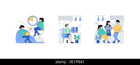 Vector illustration depicting remote work and office collaboration. Scenes include a person working from home, office desk activity, and colleagues interacting, showcasing various work scenarios. Stock Vector
