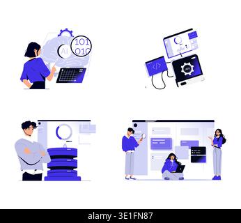 Group collaborating on AI development and data analysis in this vector illustration. Individuals use technology and charts to discuss, analyze, and share insights on artificial intelligence. Stock Vector