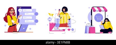 Vector illustration displaying three women engaged in digital communication and online shopping. The scene highlights social networking, mobile interaction, and e-commerce activities. Stock Vector