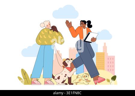 Urban vector illustration of two people greeting each other while walking dogs in a park. Smiling expressions, casual attire, and playful dogs create a warm and lively atmosphere. Stock Vector