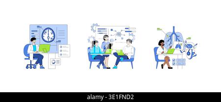 Vector illustration showcasing individuals analyzing data, collaborating on technology projects, and interacting with artificial intelligence. Perfect for highlighting teamwork and innovation in science. Stock Vector