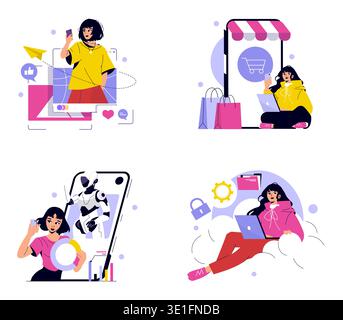 Vector illustration set depicting digital lifestyles: social media engagement, online shopping, advanced technology interaction, and cloud computing. Ideal for tech-themed designs. Stock Vector