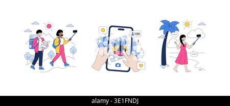 Vector illustration showing travelers using maps and taking selfies with enthusiasm. Hands interact with a smartphone displaying food images, emphasizing social media engagement. Stock Vector
