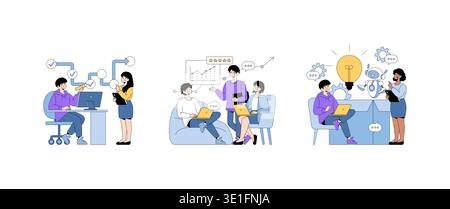 Vector illustration of three collaborative office scenes featuring diverse teams engaged in brainstorming, project planning, and innovative tech development with charts and technology elements. Stock Vector