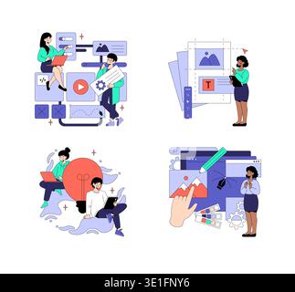 Vector illustration depicting four scenes of creative teamwork. People interacting with digital interfaces, generating ideas, and collaborating on design projects, showcasing modern teamwork dynamics. Stock Vector